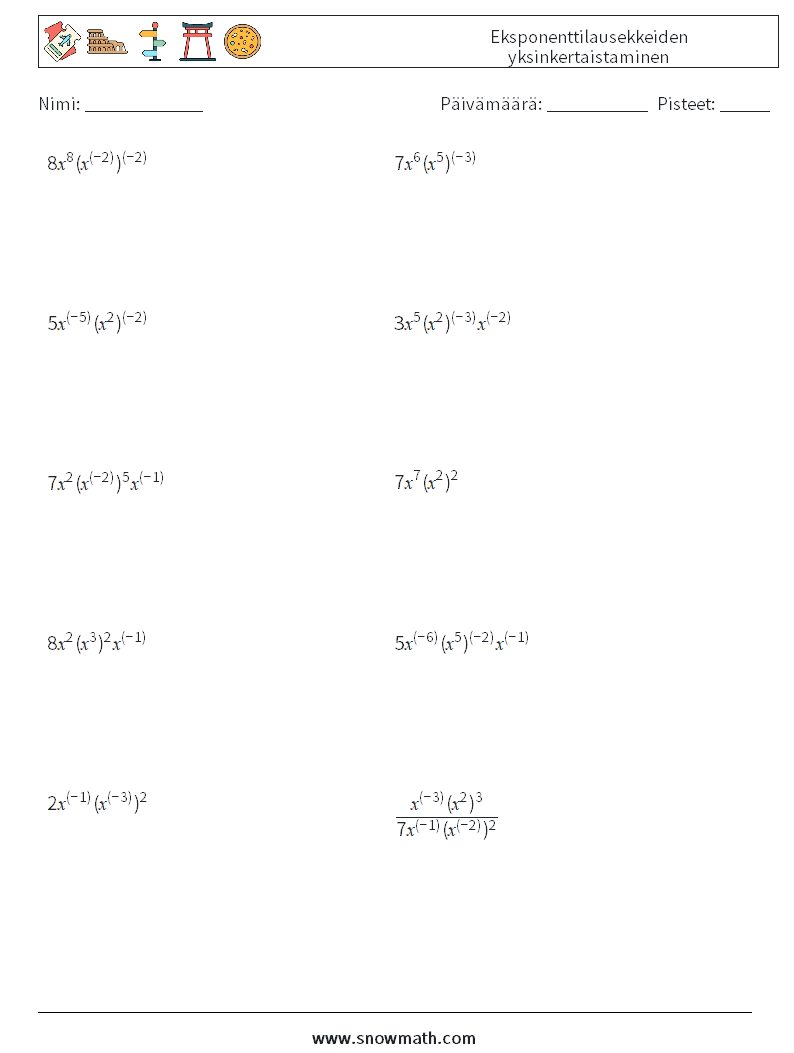  Eksponenttilausekkeiden yksinkertaistaminen Matematiikan laskentataulukot 9