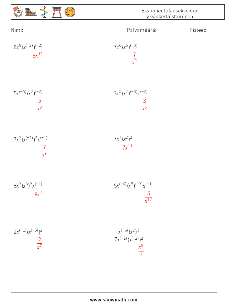  Eksponenttilausekkeiden yksinkertaistaminen Matematiikan laskentataulukot 9 Kysymys, vastaus