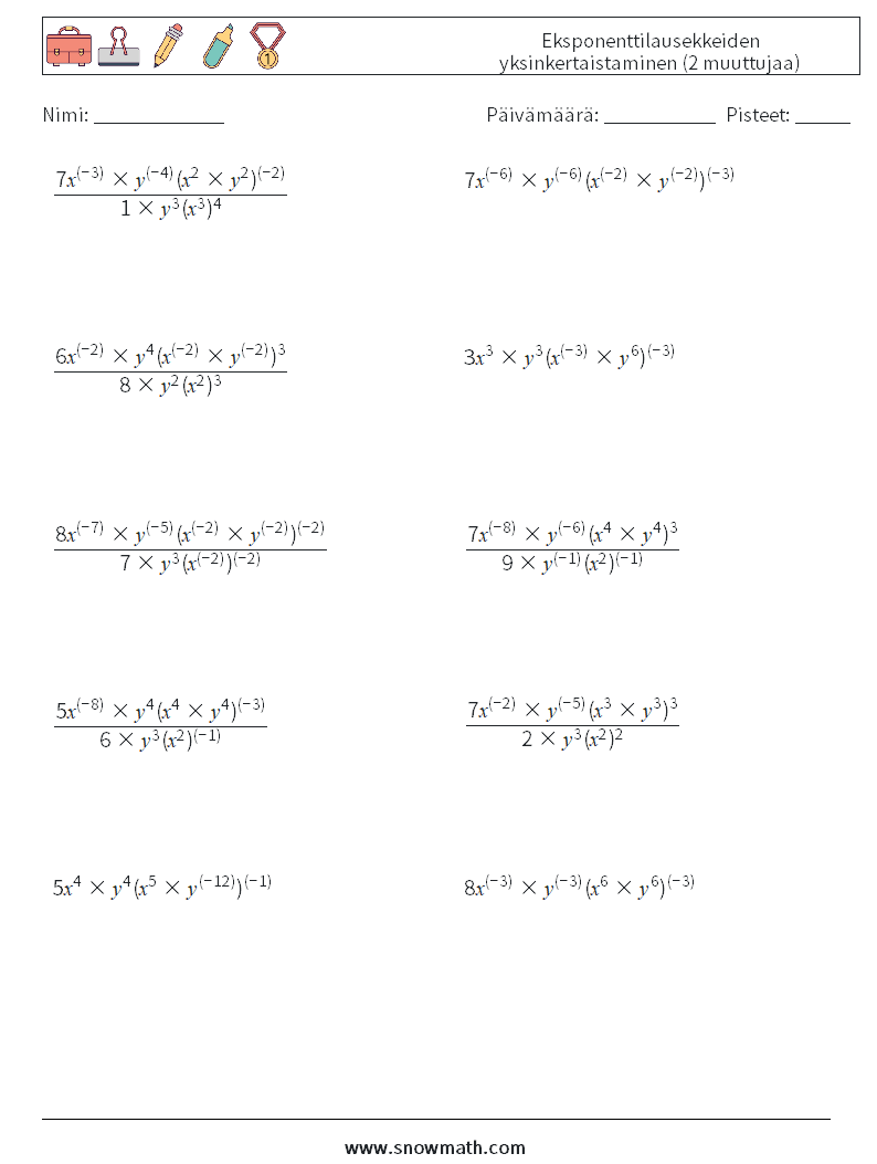  Eksponenttilausekkeiden yksinkertaistaminen (2 muuttujaa) Matematiikan laskentataulukot 1