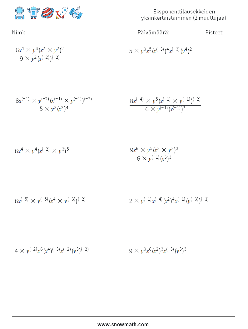  Eksponenttilausekkeiden yksinkertaistaminen (2 muuttujaa) Matematiikan laskentataulukot 4