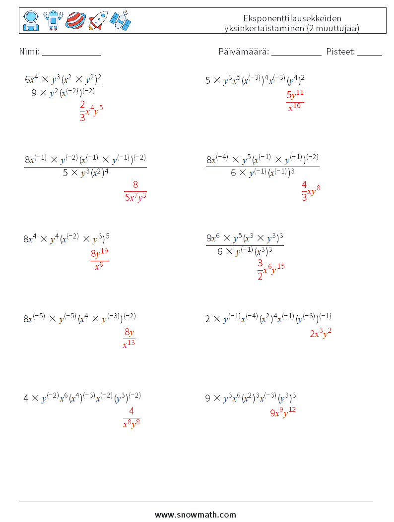  Eksponenttilausekkeiden yksinkertaistaminen (2 muuttujaa) Matematiikan laskentataulukot 4 Kysymys, vastaus