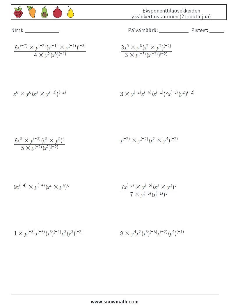  Eksponenttilausekkeiden yksinkertaistaminen (2 muuttujaa) Matematiikan laskentataulukot 9
