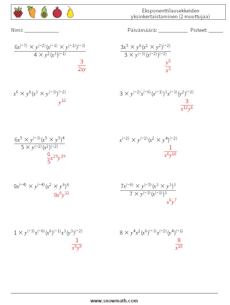  Eksponenttilausekkeiden yksinkertaistaminen (2 muuttujaa) Matematiikan laskentataulukot 9 Kysymys, vastaus