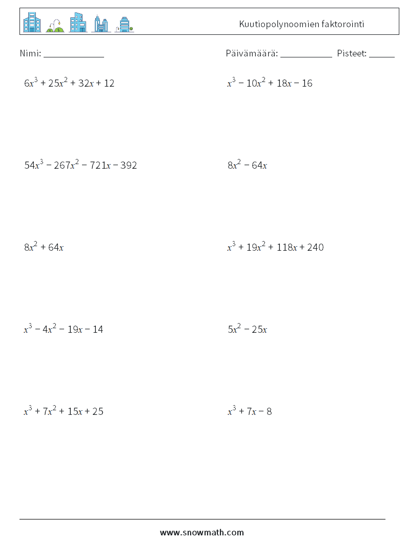 Kuutiopolynoomien faktorointi Matematiikan laskentataulukot 1