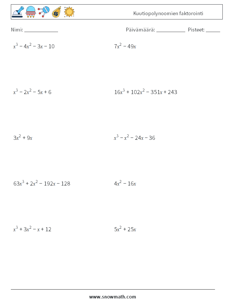 Kuutiopolynoomien faktorointi Matematiikan laskentataulukot 3