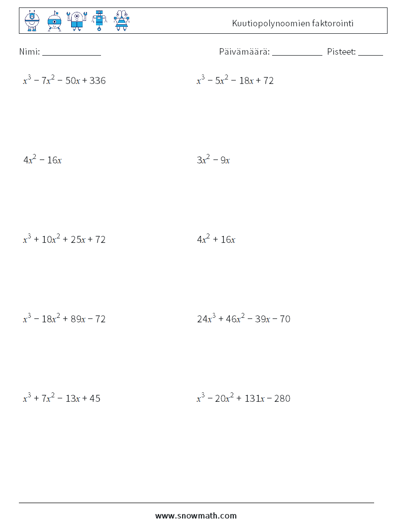 Kuutiopolynoomien faktorointi Matematiikan laskentataulukot 5