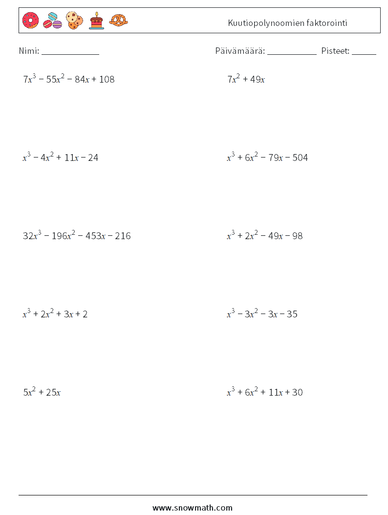 Kuutiopolynoomien faktorointi Matematiikan laskentataulukot 7