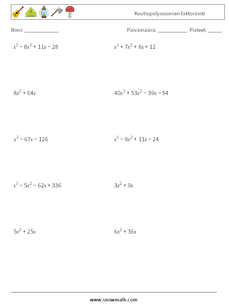 Kuutiopolynoomien faktorointi Matematiikan laskentataulukot 8