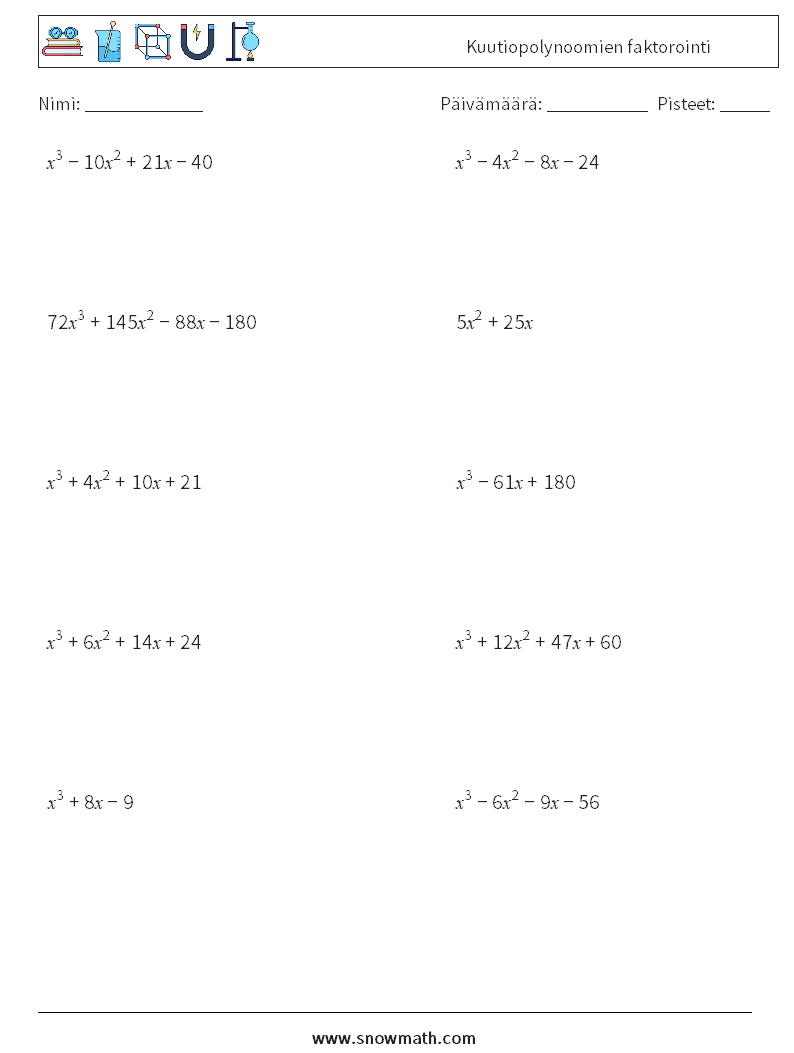 Kuutiopolynoomien faktorointi Matematiikan laskentataulukot 9