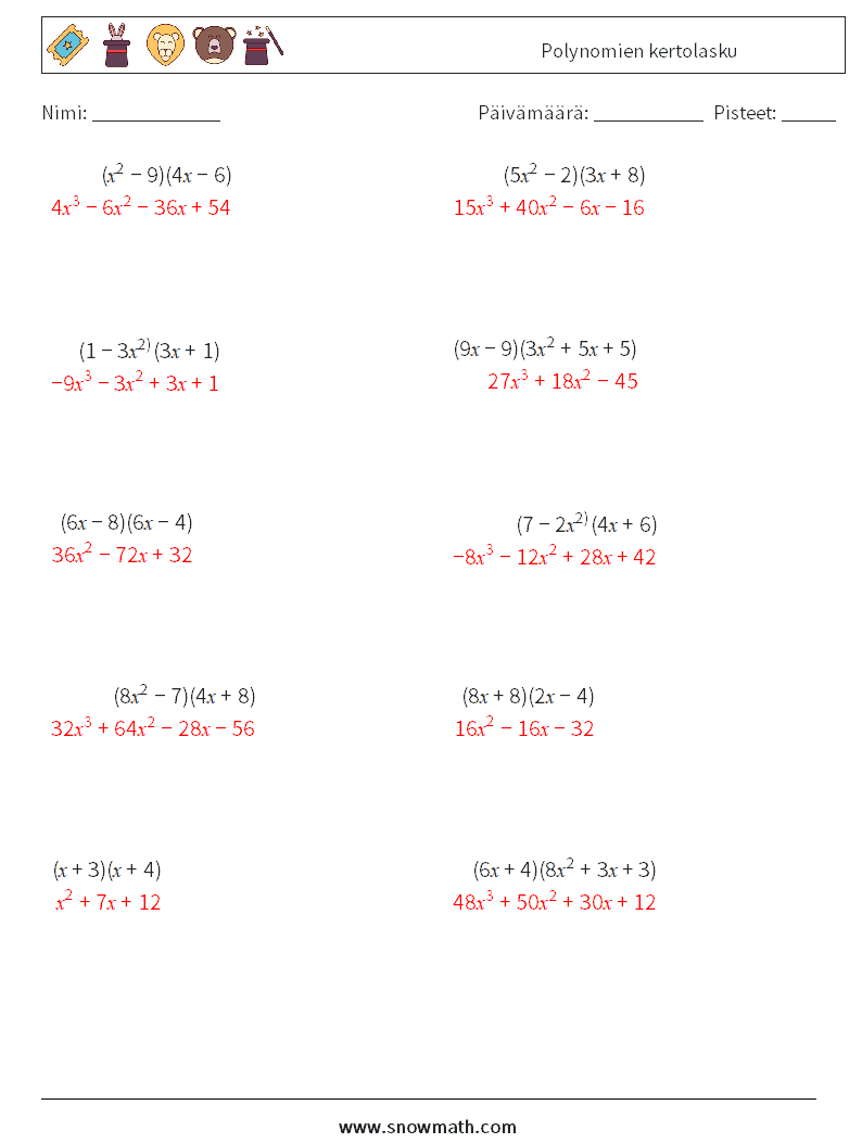 Polynomien kertolasku Matematiikan laskentataulukot 5 Kysymys, vastaus