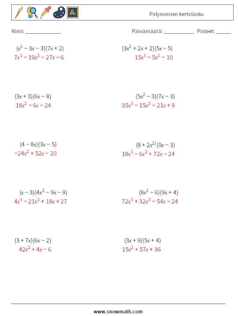 Polynomien kertolasku Matematiikan laskentataulukot 9 Kysymys, vastaus