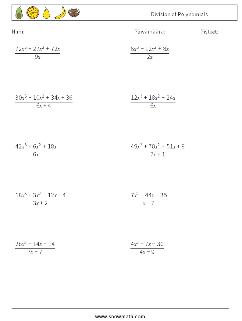 Division of Polynomials Matematiikan laskentataulukot 1