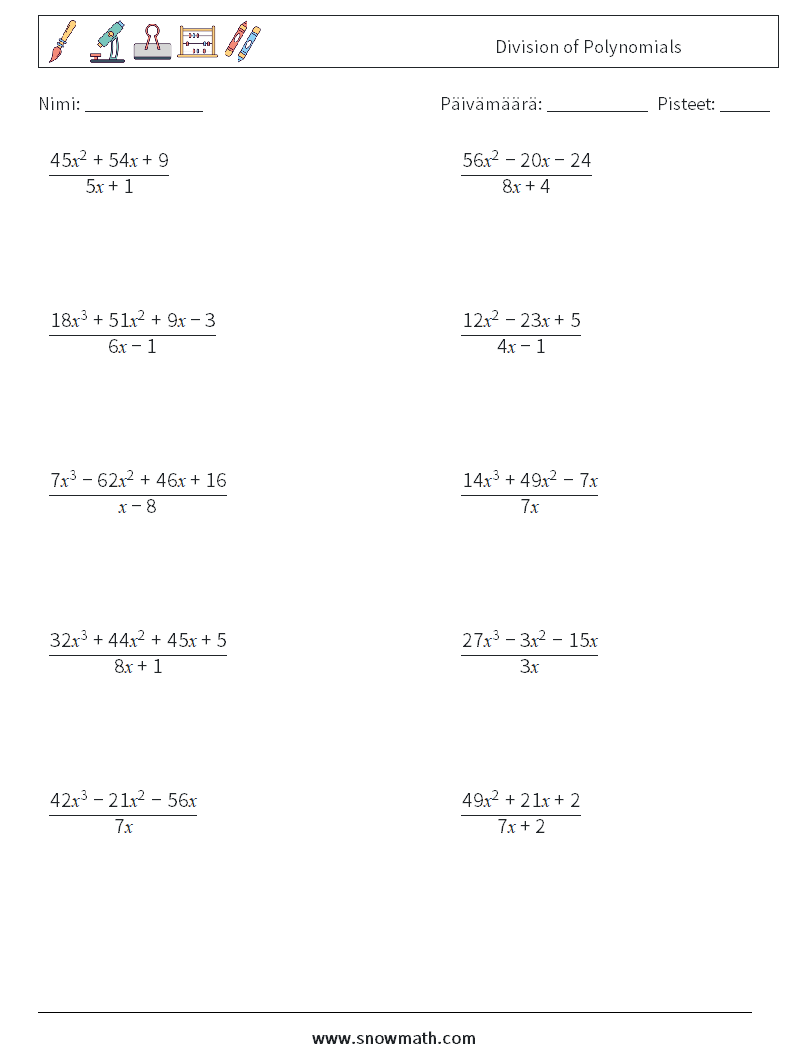 Division of Polynomials Matematiikan laskentataulukot 2