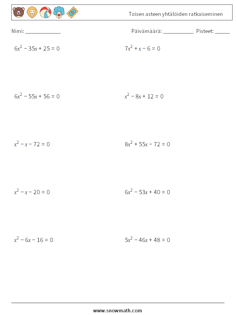 Toisen asteen yhtälöiden ratkaiseminen Matematiikan laskentataulukot 7