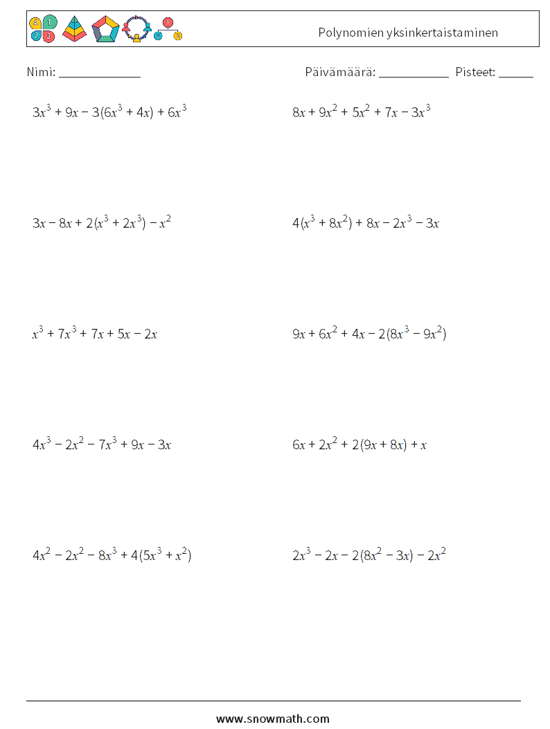 Polynomien yksinkertaistaminen Matematiikan laskentataulukot 8