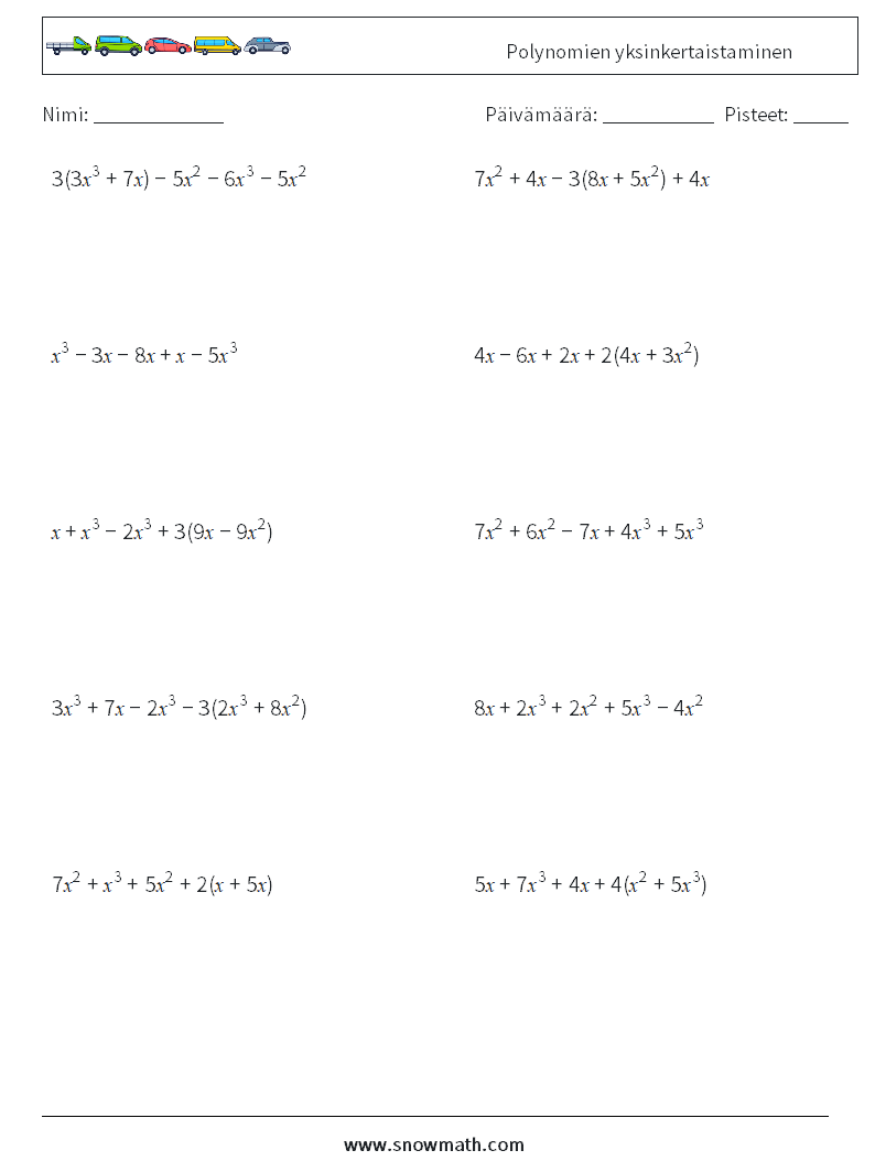 Polynomien yksinkertaistaminen Matematiikan laskentataulukot 9