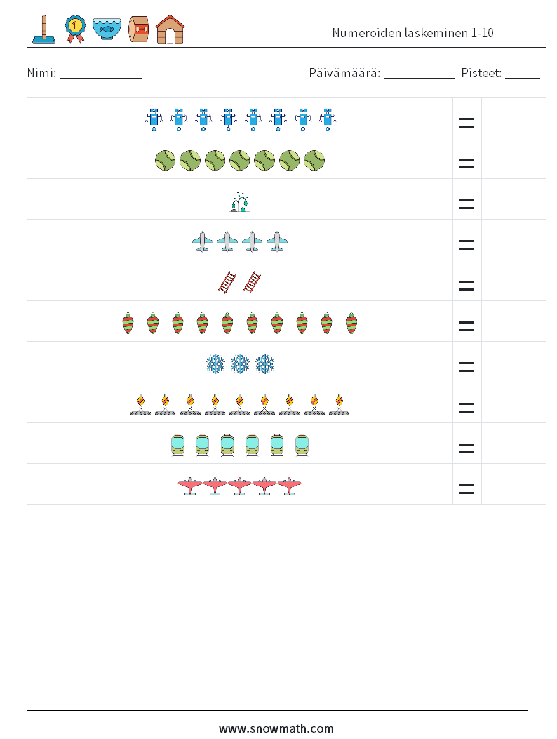 Numeroiden laskeminen 1-10 Matematiikan laskentataulukot 10