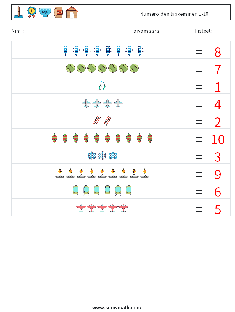 Numeroiden laskeminen 1-10 Matematiikan laskentataulukot 10 Kysymys, vastaus