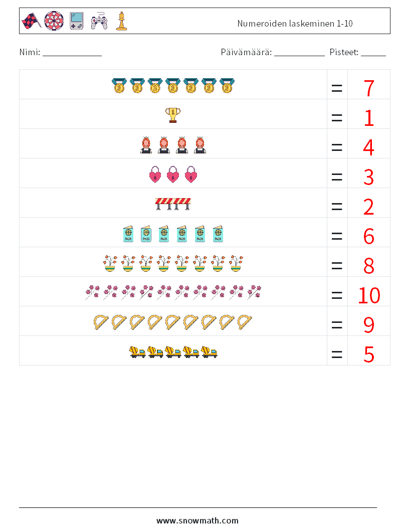 Numeroiden laskeminen 1-10 Matematiikan laskentataulukot 12 Kysymys, vastaus