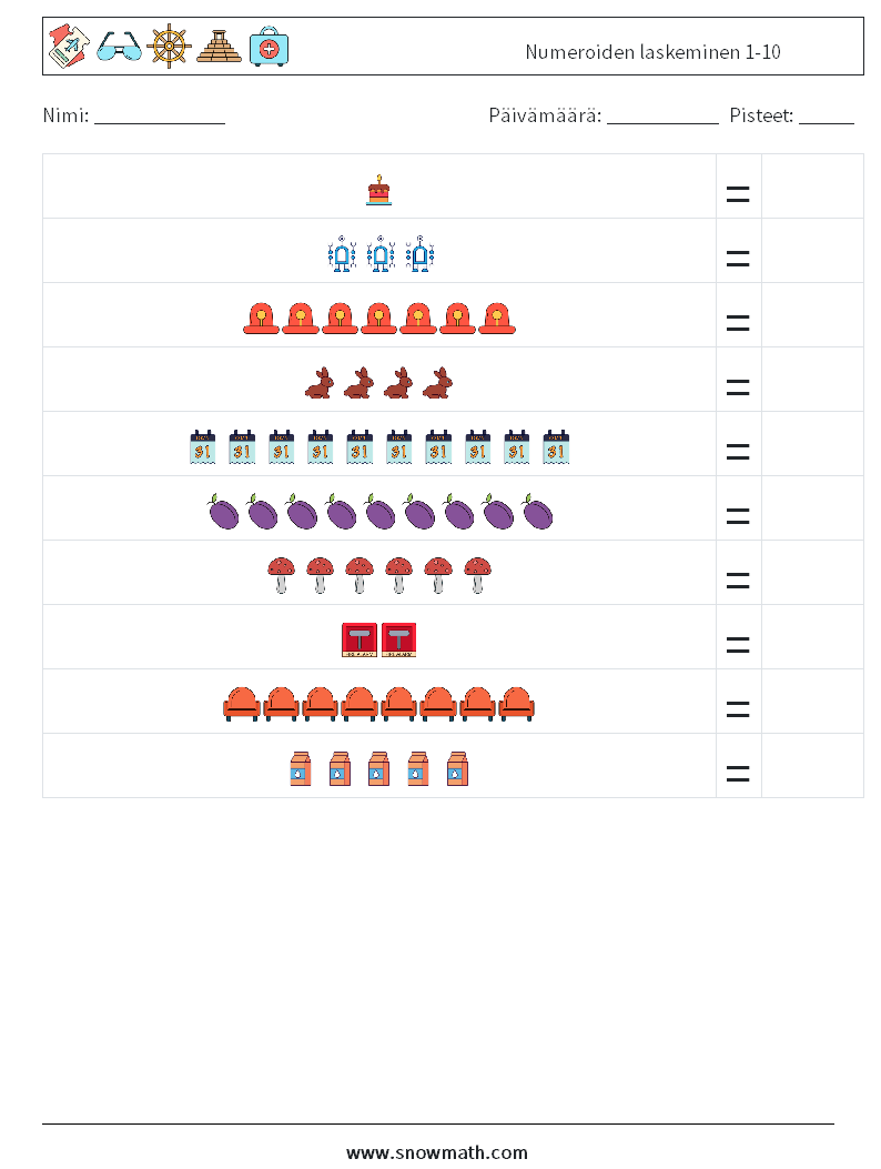 Numeroiden laskeminen 1-10 Matematiikan laskentataulukot 15