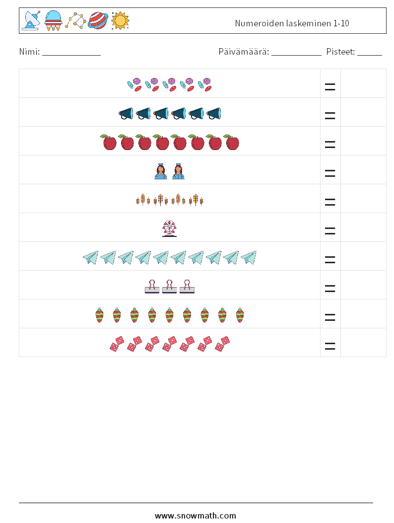 Numeroiden laskeminen 1-10 Matematiikan laskentataulukot 16