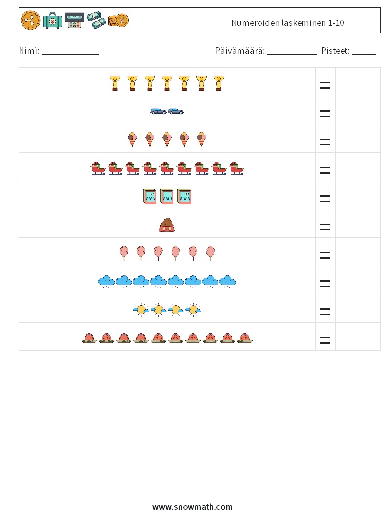 Numeroiden laskeminen 1-10 Matematiikan laskentataulukot 2