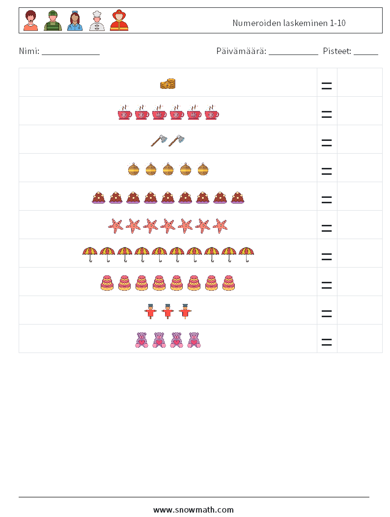 Numeroiden laskeminen 1-10 Matematiikan laskentataulukot 4