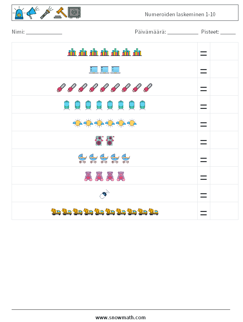 Numeroiden laskeminen 1-10 Matematiikan laskentataulukot 5