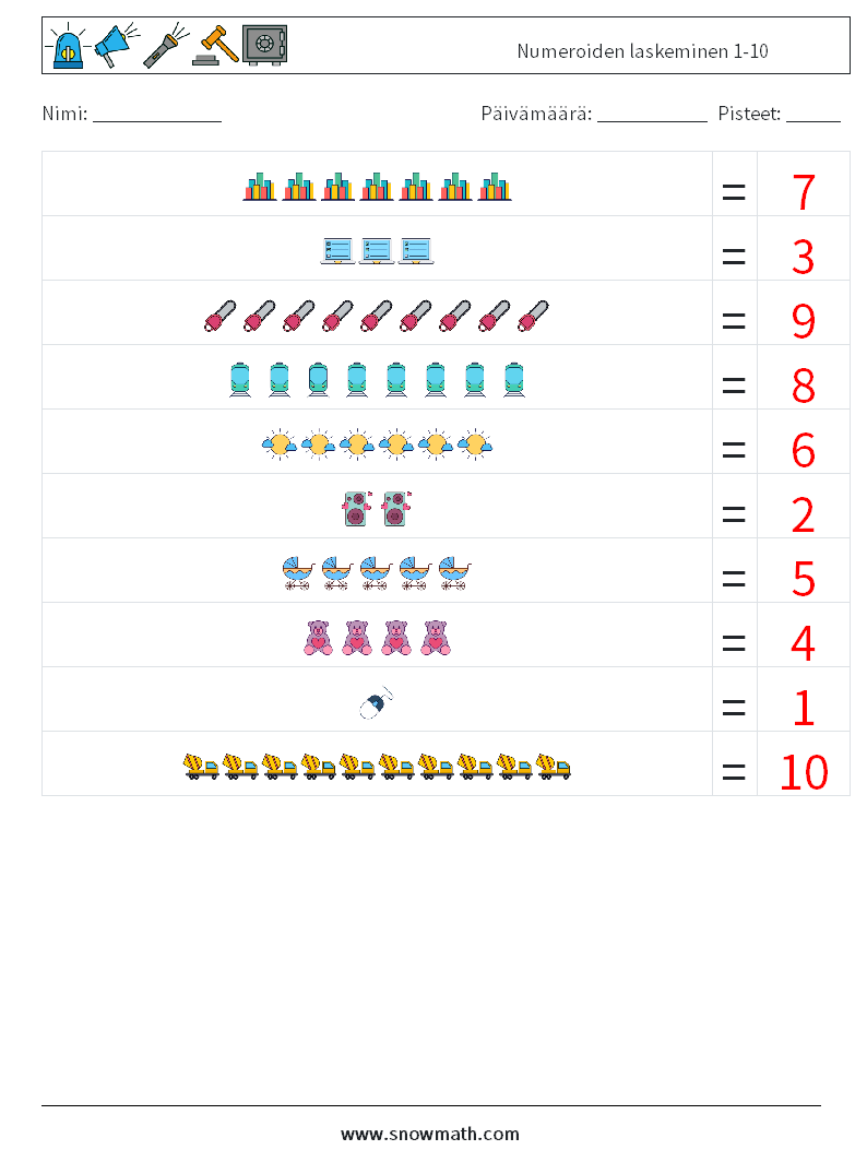 Numeroiden laskeminen 1-10 Matematiikan laskentataulukot 5 Kysymys, vastaus