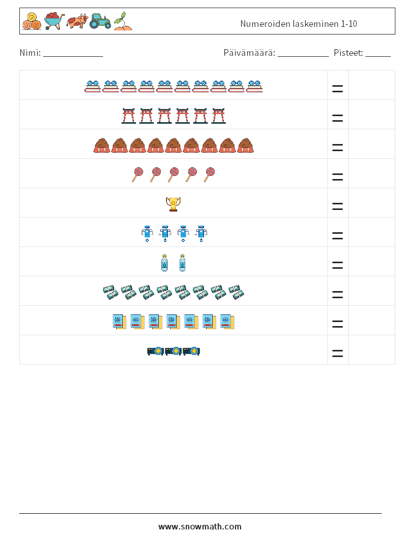 Numeroiden laskeminen 1-10 Matematiikan laskentataulukot 7