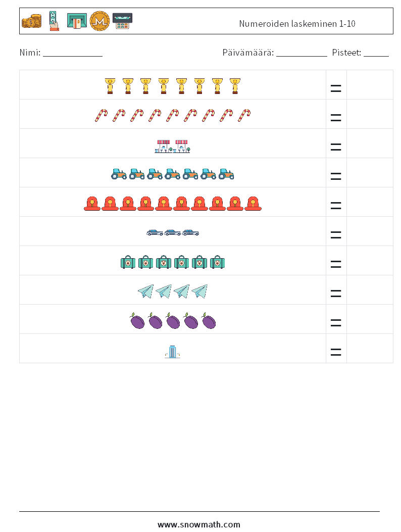 Numeroiden laskeminen 1-10 Matematiikan laskentataulukot 8