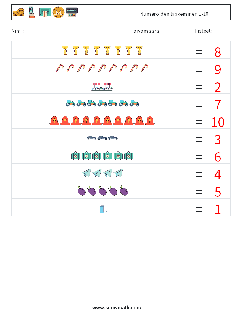 Numeroiden laskeminen 1-10 Matematiikan laskentataulukot 8 Kysymys, vastaus