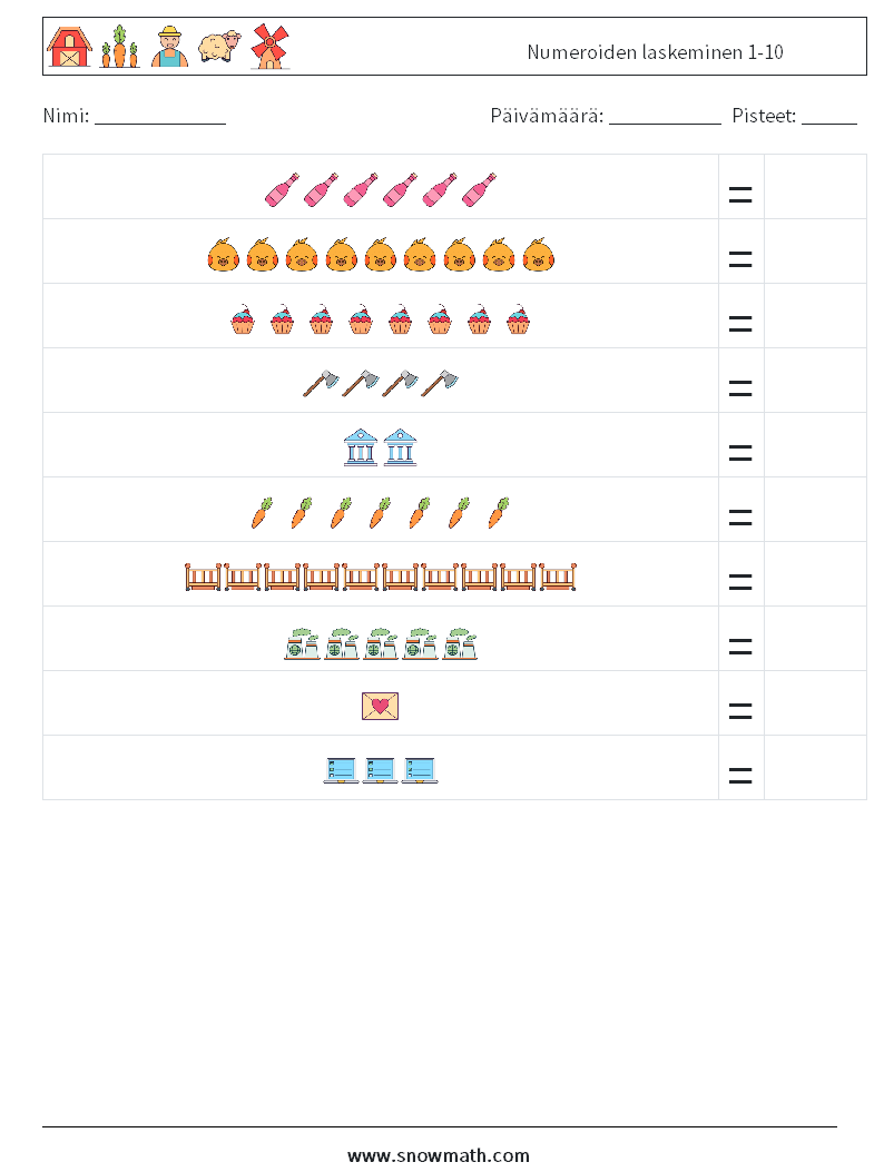 Numeroiden laskeminen 1-10 Matematiikan laskentataulukot 9