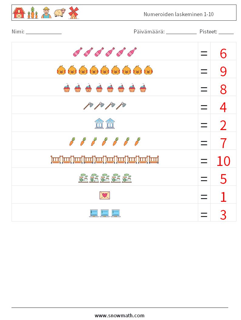 Numeroiden laskeminen 1-10 Matematiikan laskentataulukot 9 Kysymys, vastaus