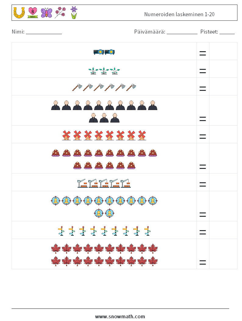 Numeroiden laskeminen 1-20 Matematiikan laskentataulukot 10