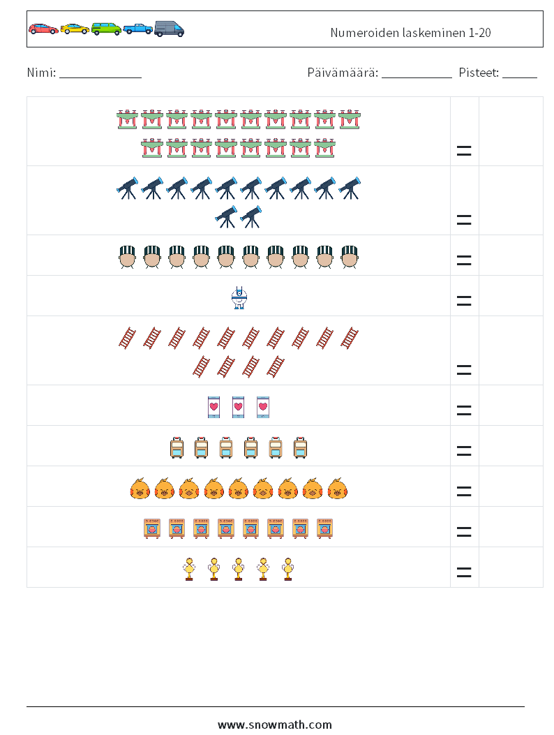 Numeroiden laskeminen 1-20 Matematiikan laskentataulukot 11