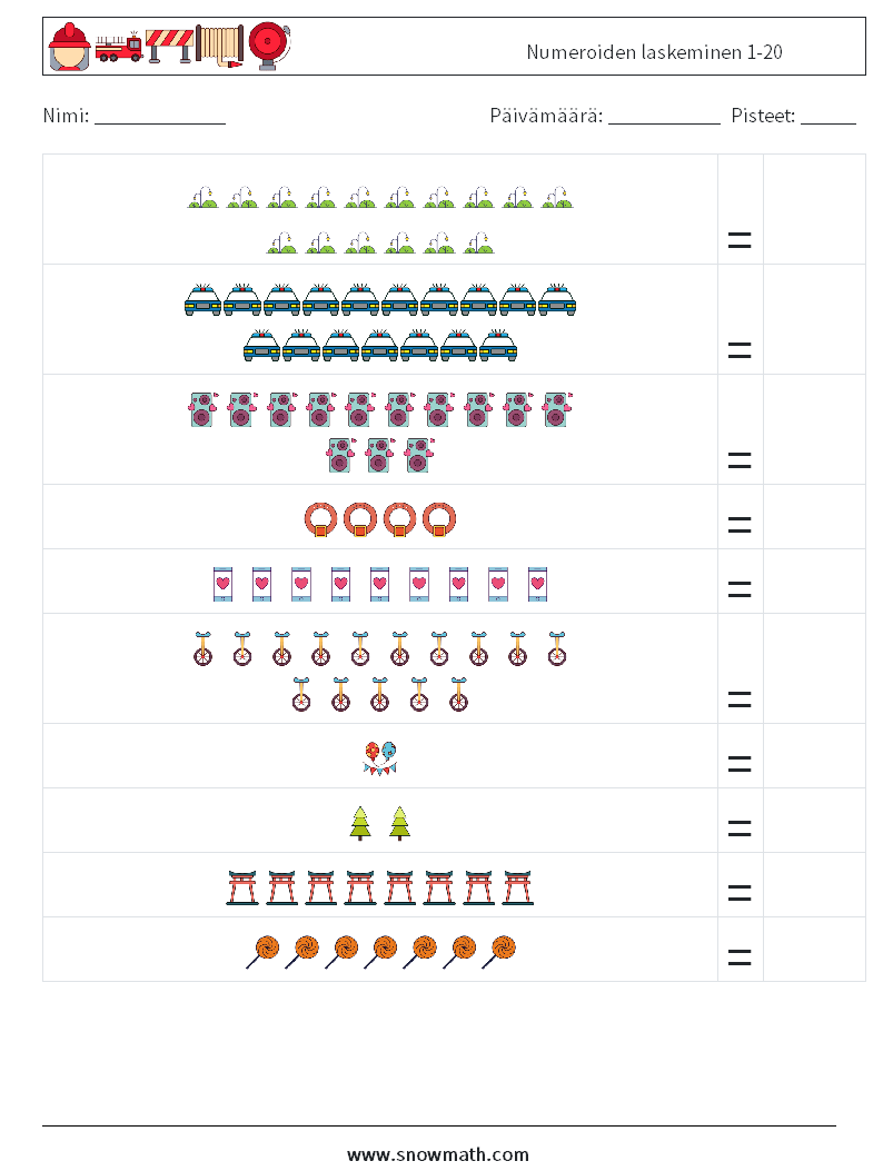 Numeroiden laskeminen 1-20 Matematiikan laskentataulukot 12