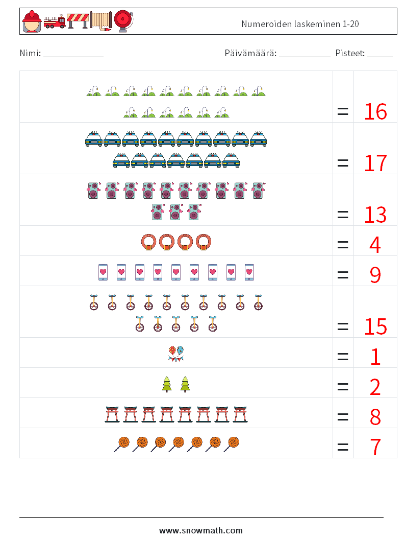 Numeroiden laskeminen 1-20 Matematiikan laskentataulukot 12 Kysymys, vastaus