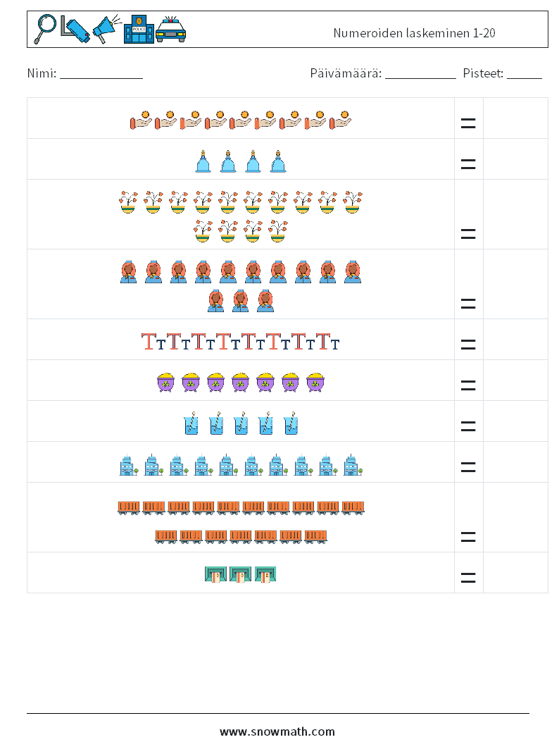 Numeroiden laskeminen 1-20 Matematiikan laskentataulukot 13