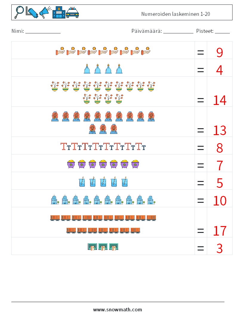 Numeroiden laskeminen 1-20 Matematiikan laskentataulukot 13 Kysymys, vastaus