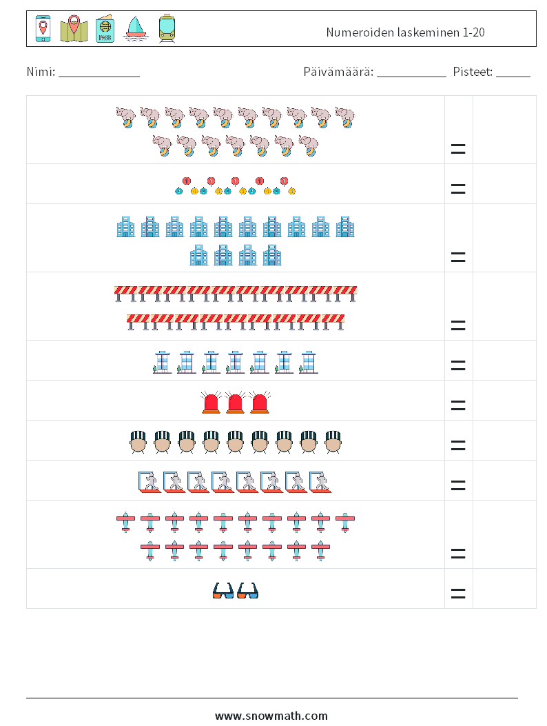 Numeroiden laskeminen 1-20 Matematiikan laskentataulukot 14