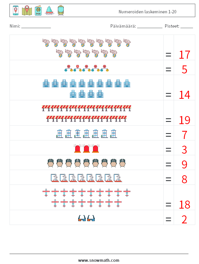 Numeroiden laskeminen 1-20 Matematiikan laskentataulukot 14 Kysymys, vastaus