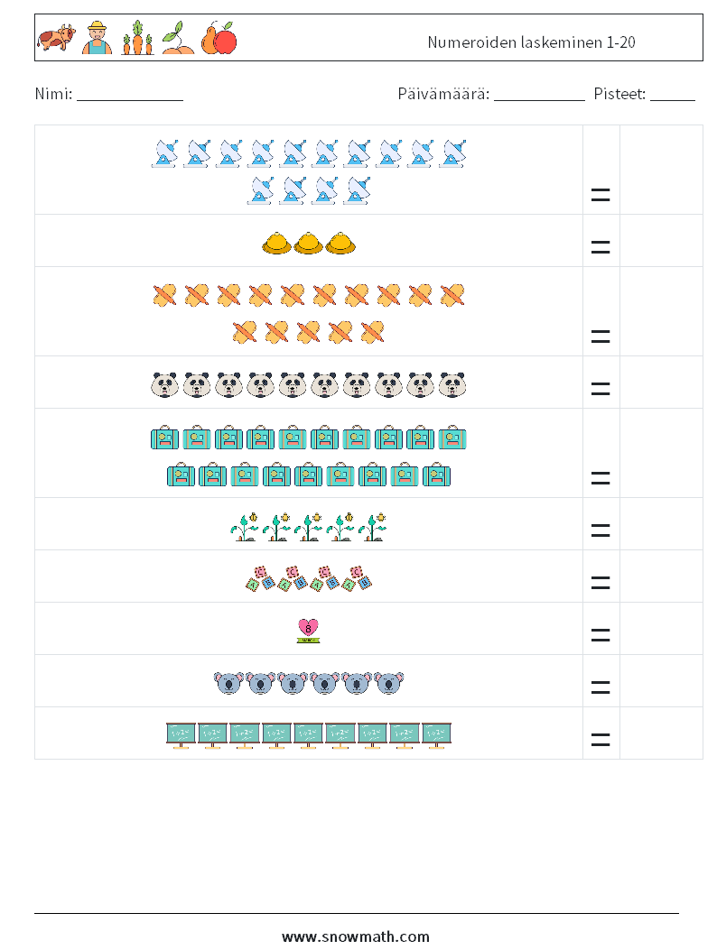 Numeroiden laskeminen 1-20 Matematiikan laskentataulukot 15