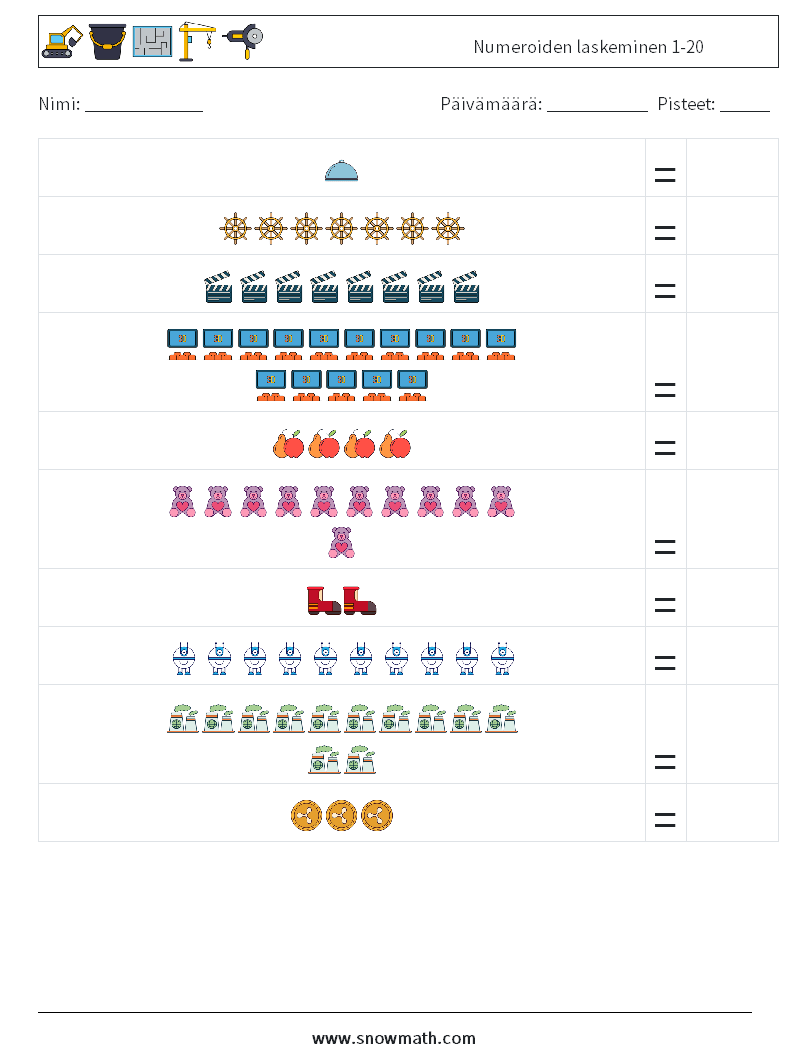 Numeroiden laskeminen 1-20 Matematiikan laskentataulukot 16