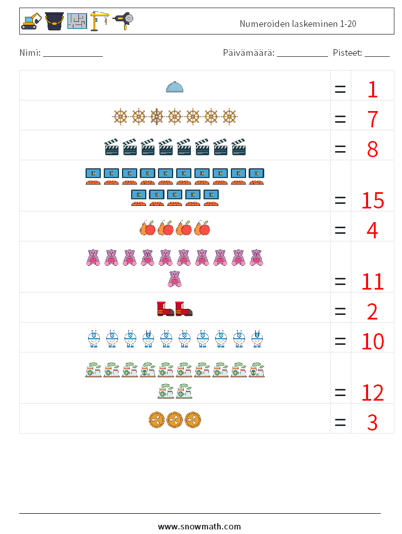 Numeroiden laskeminen 1-20 Matematiikan laskentataulukot 16 Kysymys, vastaus