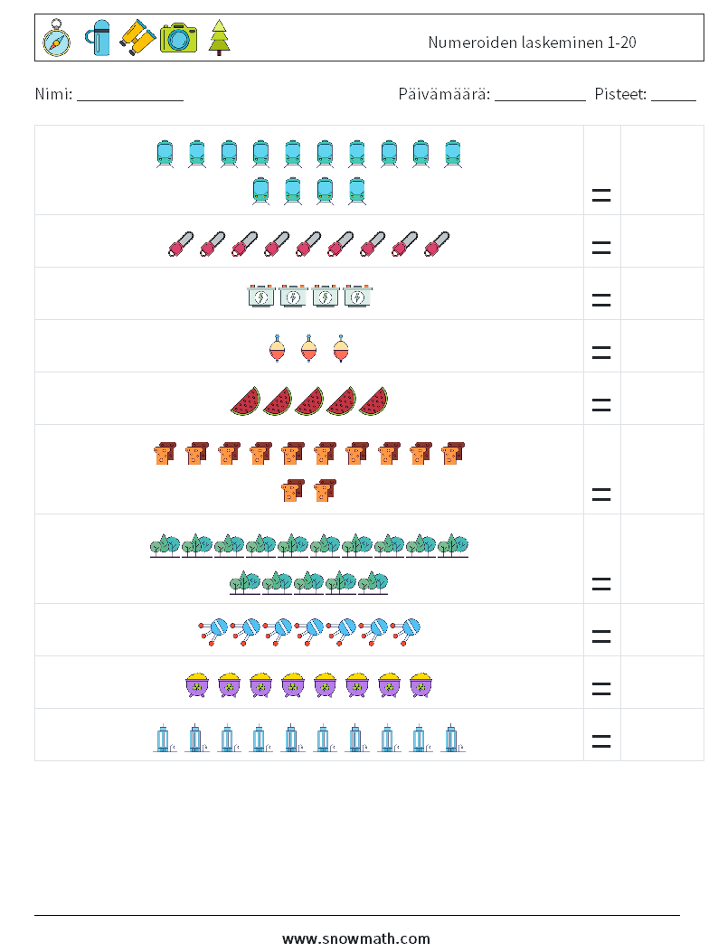 Numeroiden laskeminen 1-20 Matematiikan laskentataulukot 17