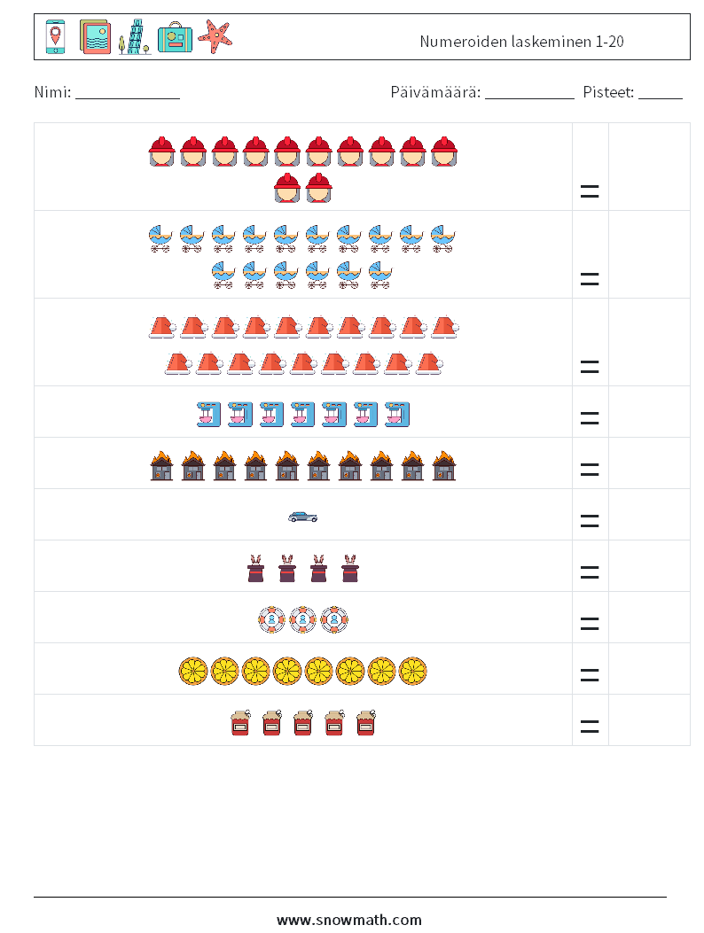 Numeroiden laskeminen 1-20 Matematiikan laskentataulukot 18