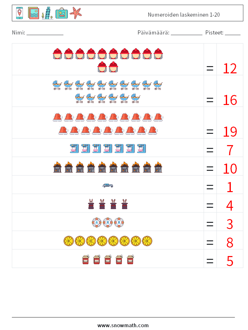 Numeroiden laskeminen 1-20 Matematiikan laskentataulukot 18 Kysymys, vastaus