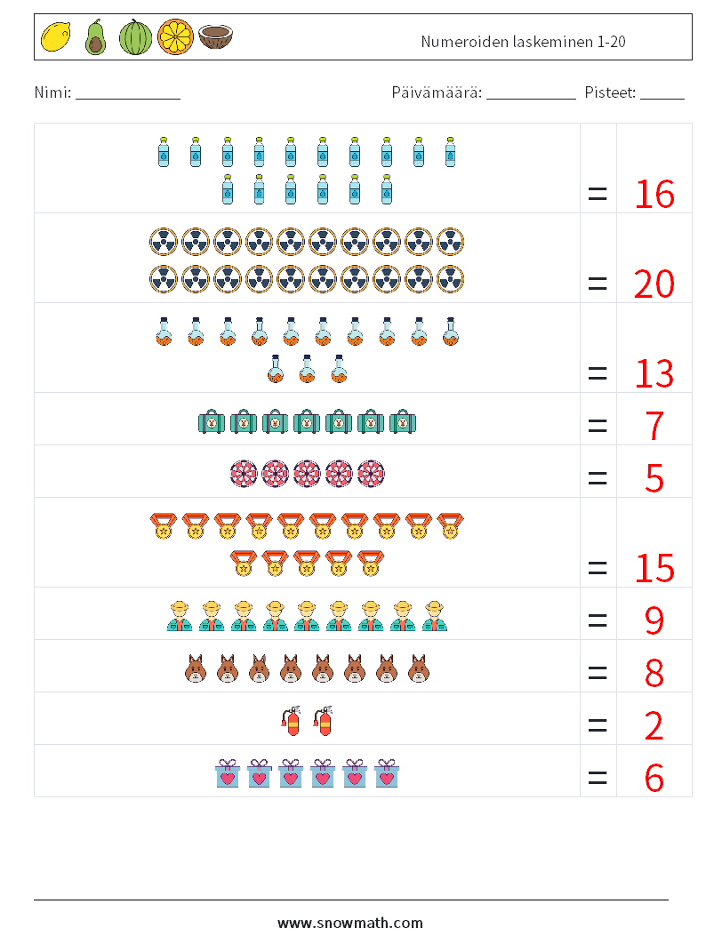 Numeroiden laskeminen 1-20 Matematiikan laskentataulukot 1 Kysymys, vastaus