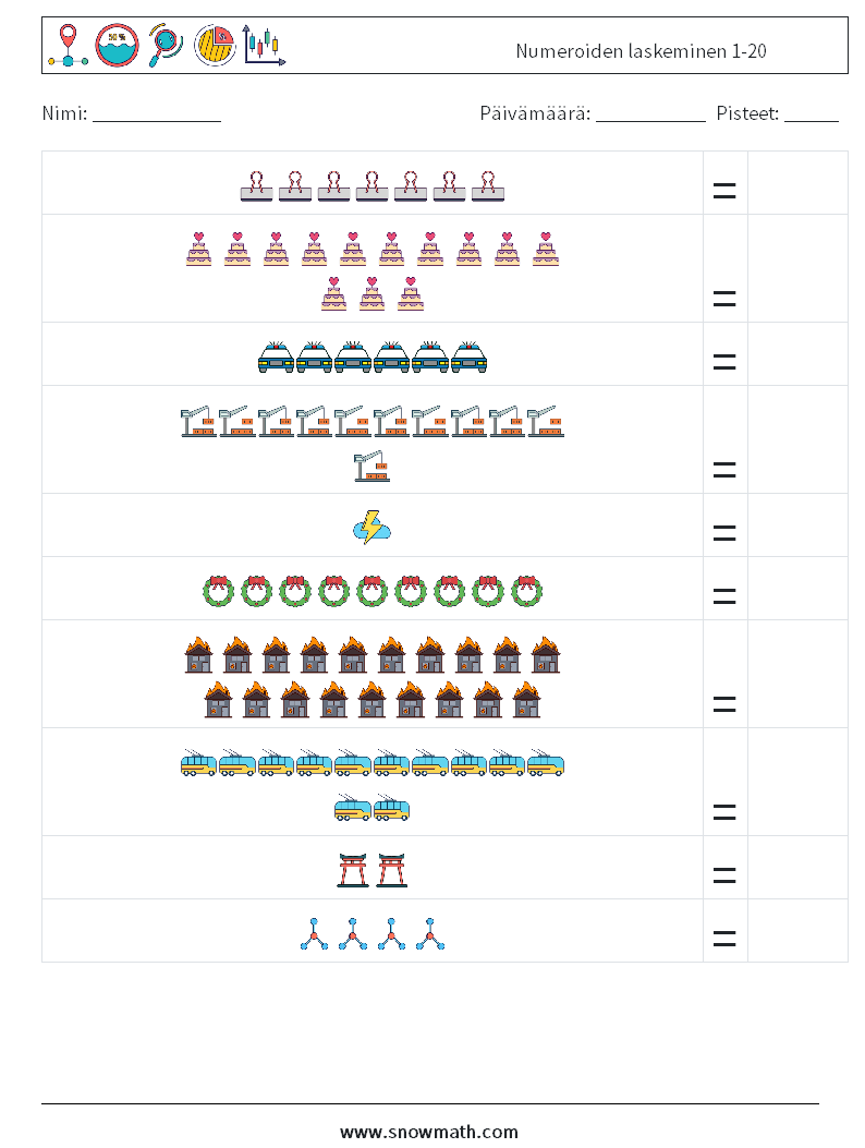 Numeroiden laskeminen 1-20 Matematiikan laskentataulukot 2